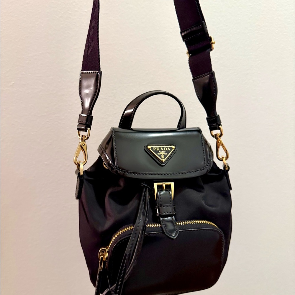 Prada Black Nylon Leather Mini Crossbody Backpack